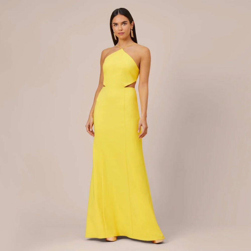 STRETCH CREPE LONG HALTER MERMAID DRESS WITH CUTOUTS IN LEMON